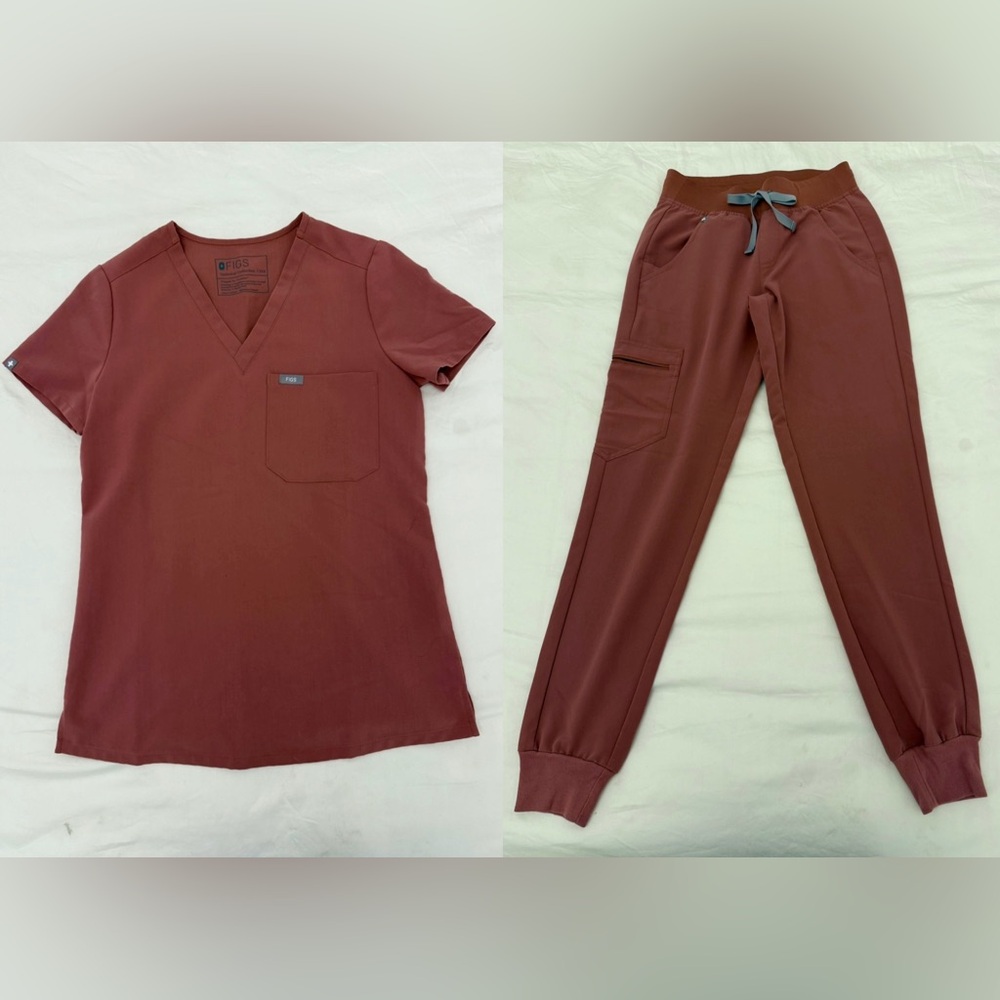FIGS Dark Cherry Catarina top Zamora jogger scrubs Set XXS